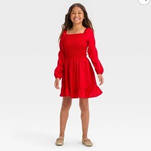 Art Class Girls Red Long Sleeve Jacquard Smocked Bodice Dress, Size S (6/7)